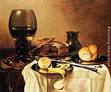 Pieter Claesz Canvas Paintings - Breakfast Still Life With Roemer, Meat Pie, Lemon And Bread